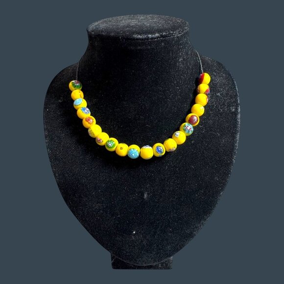 Yellow Millefiori Glass Beaded Venetian Choker Necklace Multi Length Vintage - Picture 2 of 6